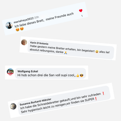 Facebook-Kommentare zufriedener Kundinnen zum TitaniumPro Schneidebrett
