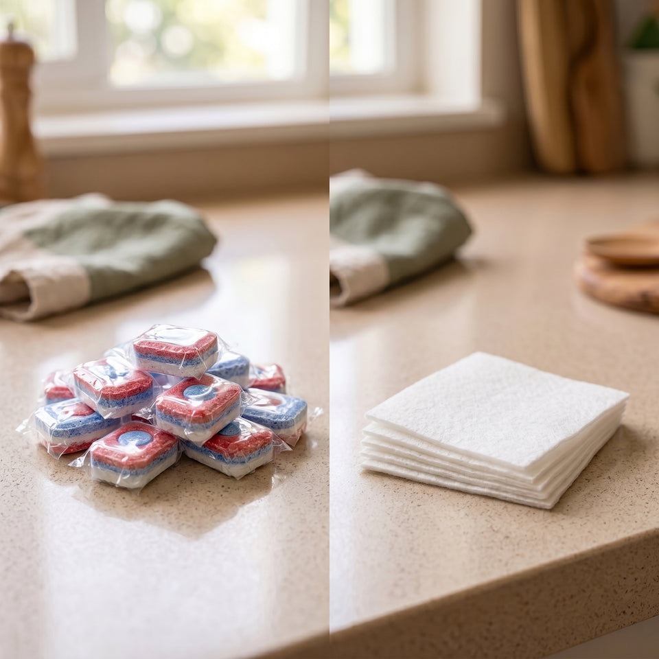Tabs in Plastikfolie neben matten Spülmaschinen-Blättern