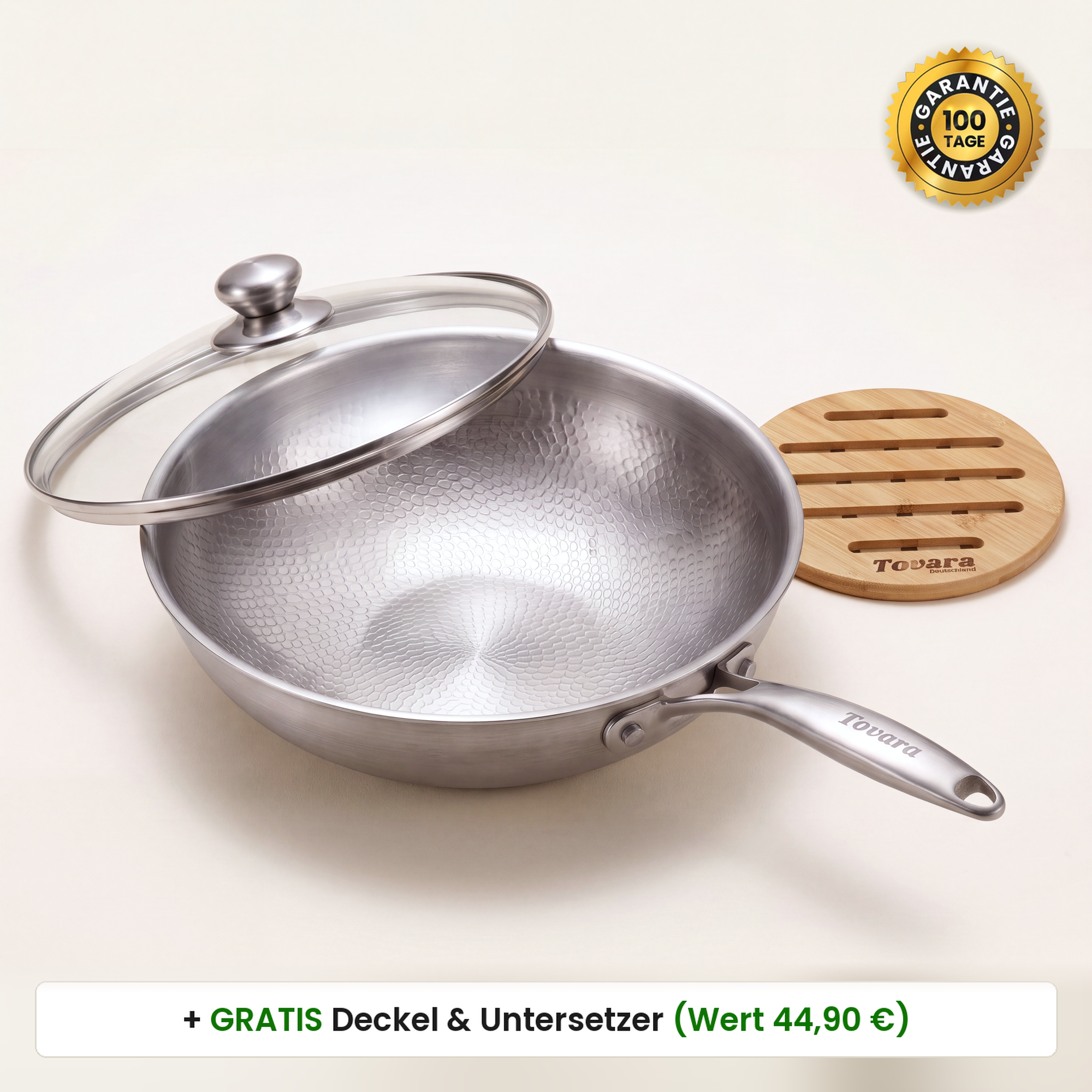 TitaniumPro Wok Pfanne mit Gratis Glasdeckel und Untersetzer