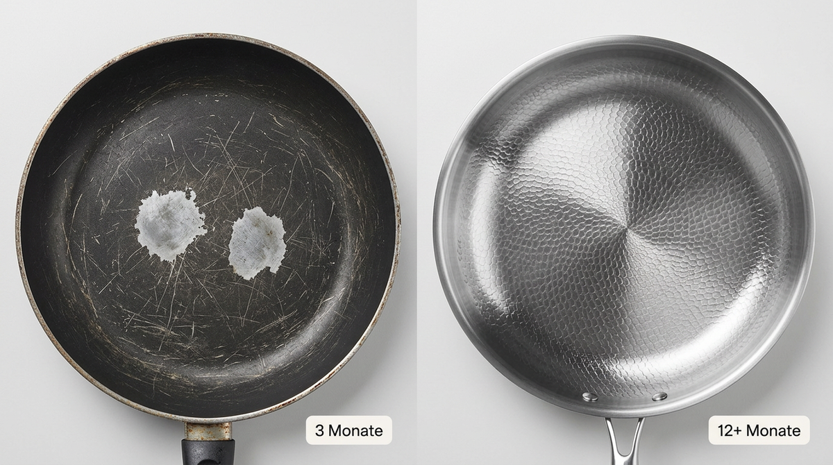 Vergleich: Beschädigte Teflon-Beschichtung vs. makellose Titan-Oberfläche