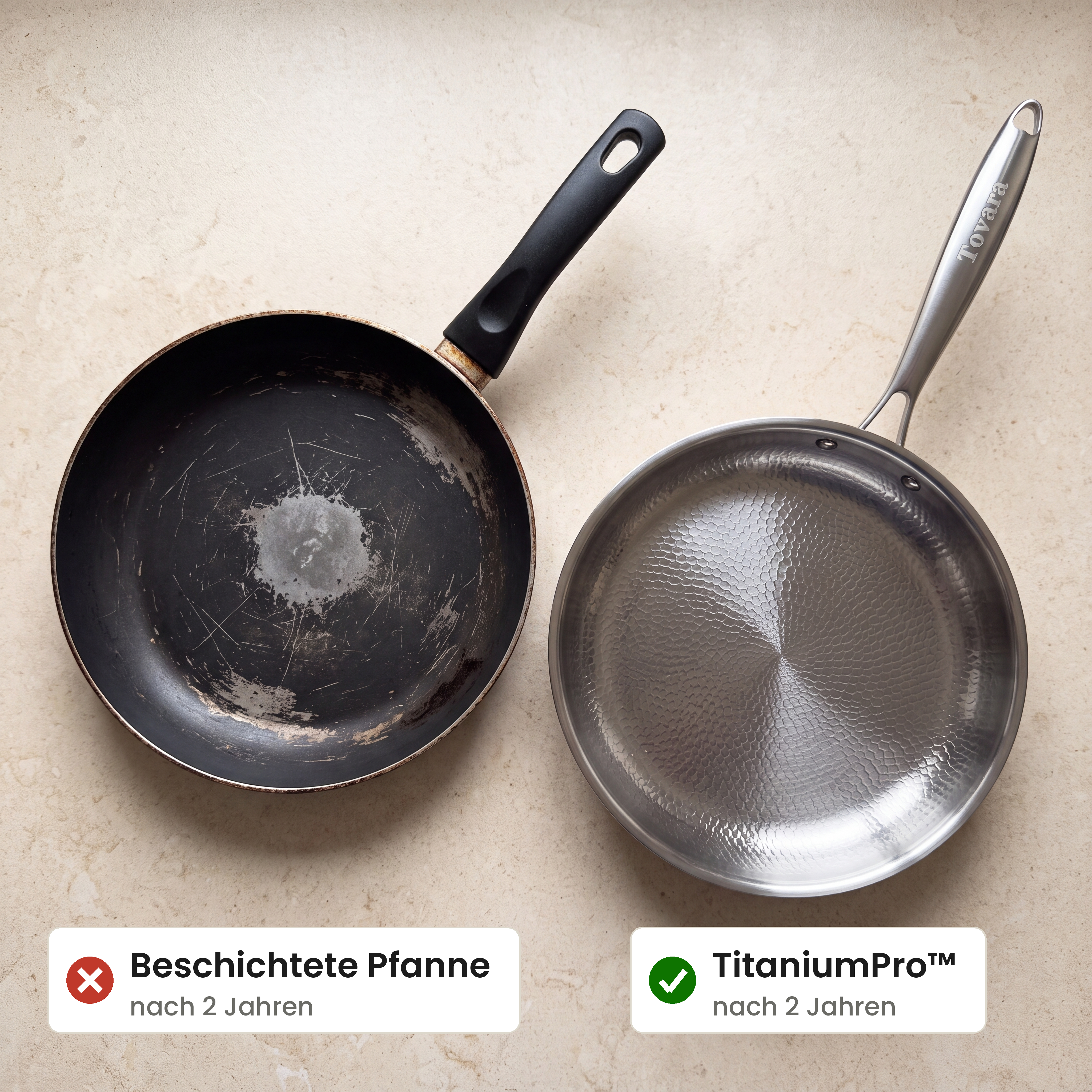 Vorher und Nachher: Spiegelei gleitet aus der TitaniumPro Pfanne