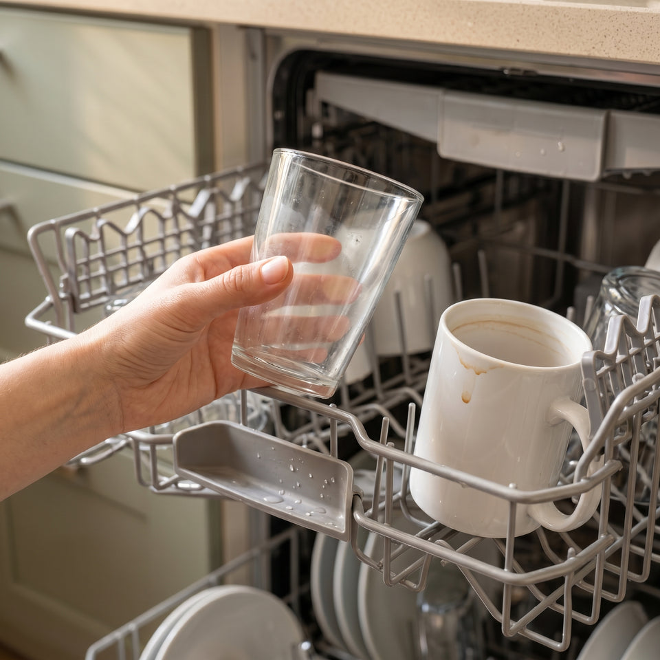 Öko-Blatt versagt: Glas mit Schleier, Tasse mit Rest am Rand