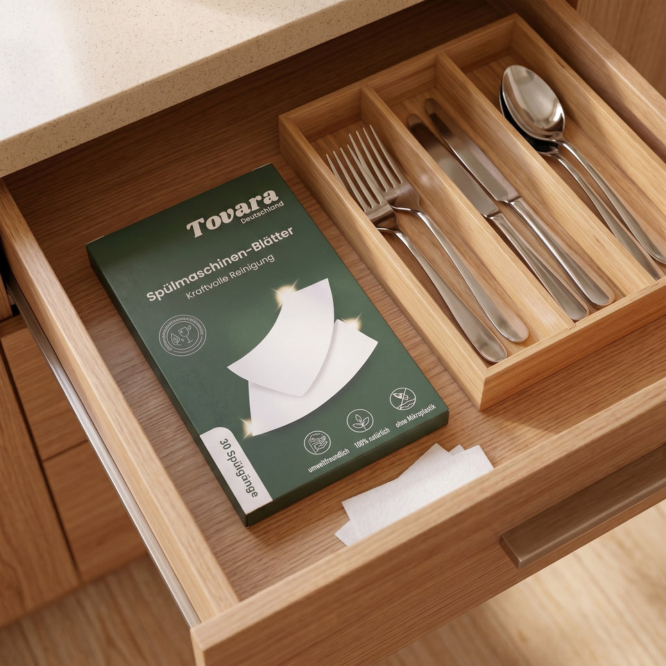 Flache Tovara Packung in der Besteckschublade