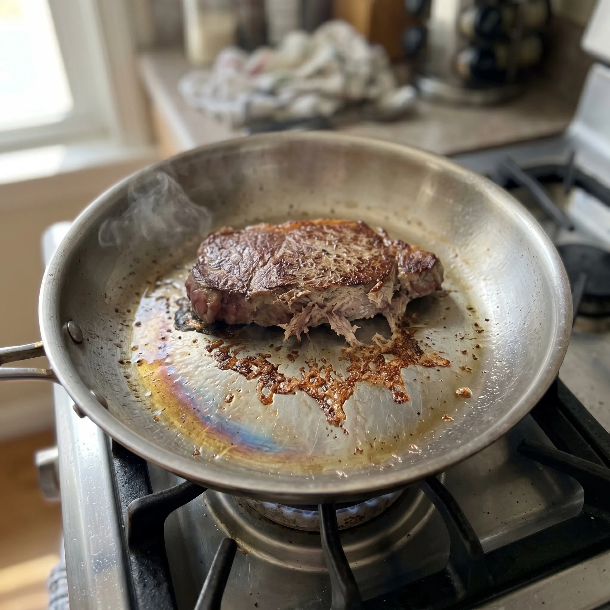 Steak klebt fest und die Kruste reißt in einer Edelstahl-Pfanne