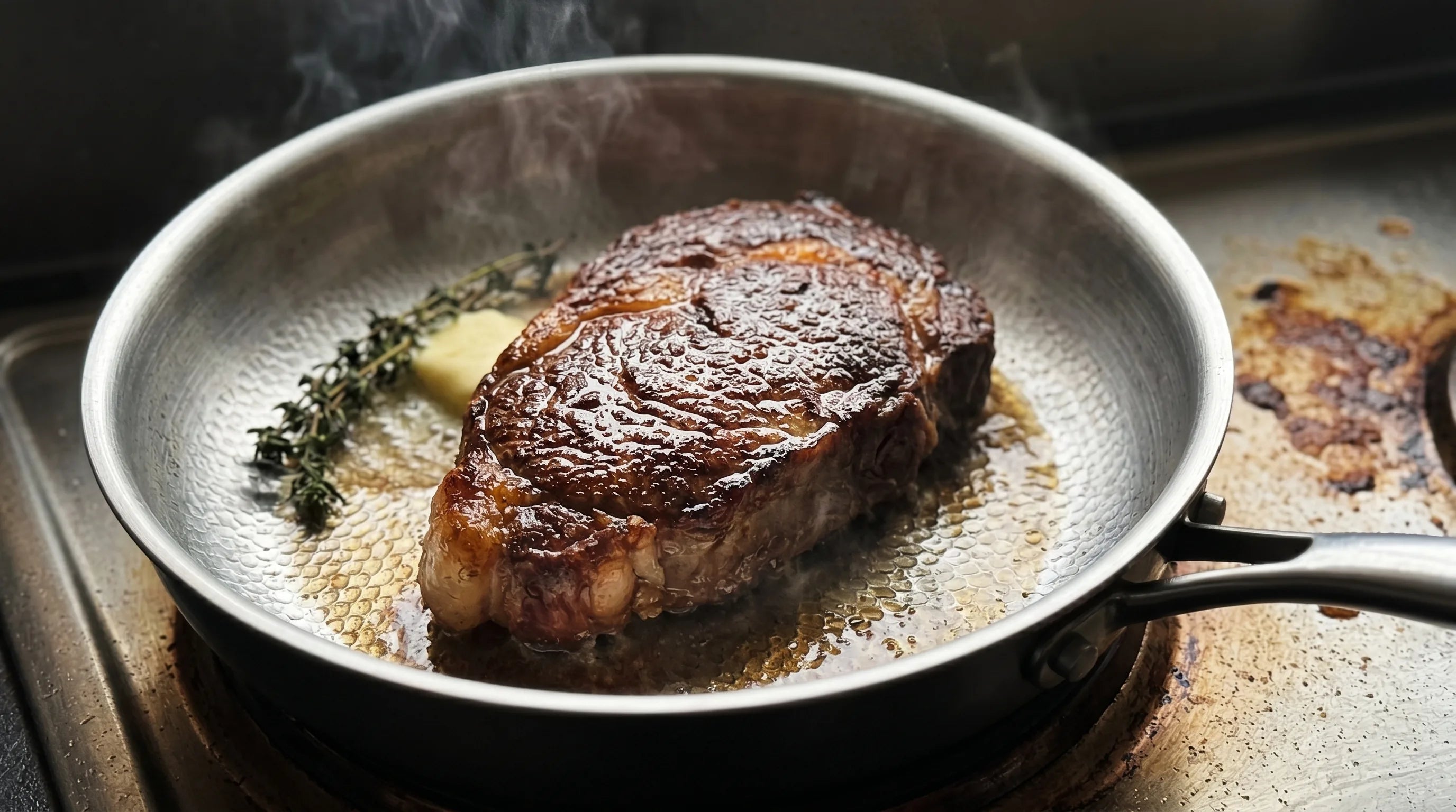 Steak mit goldbrauner Kruste in einer heißen Pfanne